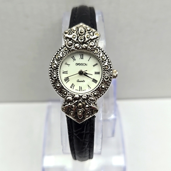 Womens Vintage Sasson Watch Silver Tone Mother of Pearl Marcasite New Battery - Picture 1 of 12